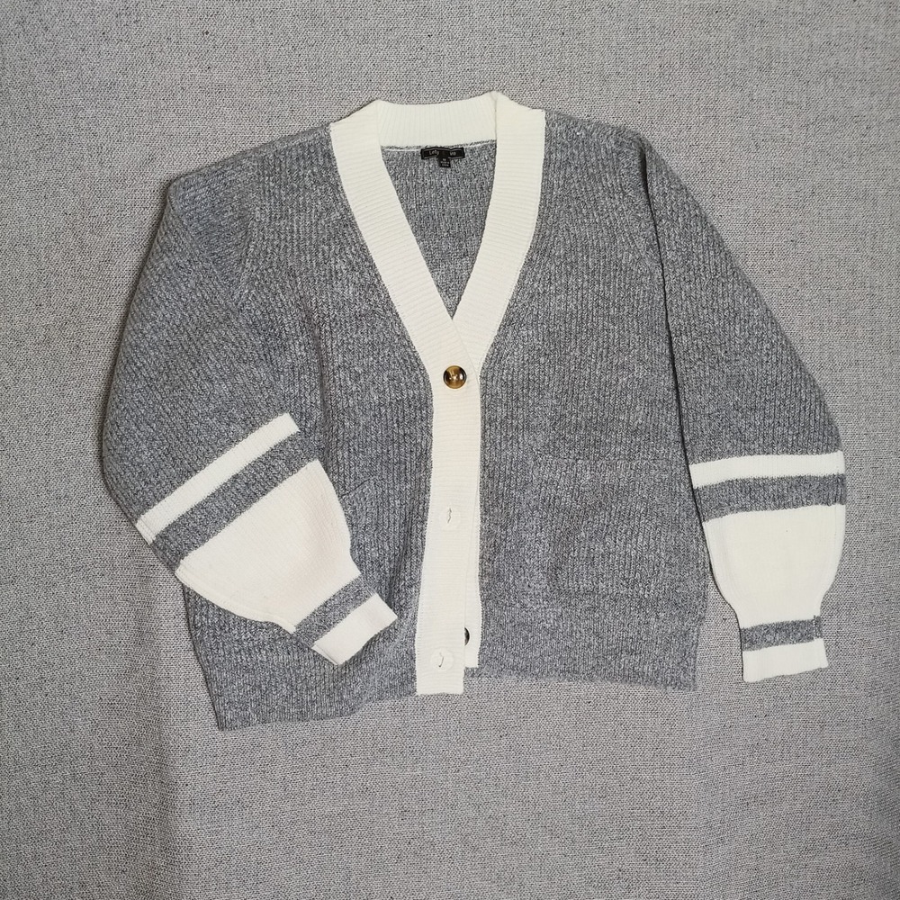 Lety & Me Cardigan Women 1X Grey Cream Excellent Varsity Shaker Knit W366SX